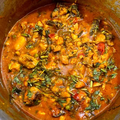 A pot of classic Manipuri Rohu fish curry, also known as Rohu Atoiba Thongba.