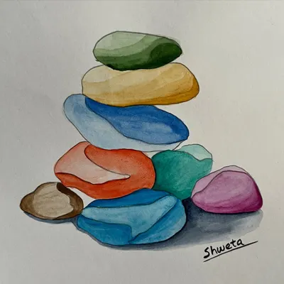 A completed watercolor painting of stacked, colorful stones, also known as cairns. This exercise in color, light, and balance is part of my daily practice to keep my skills sharp.