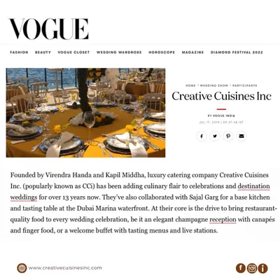 A feature in Vogue India recognizing our expertise in creating culinary flair for celebrations and destination weddings. The article highlights our ability to bring restaurant-quality food to any event, from champagne receptions to welcome buffets.