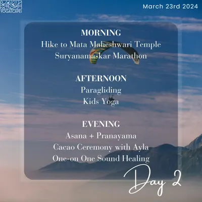 Beyond the ballet studio, I lead wellness and yoga retreats. This schedule shows my commitment to a holistic approach to movement and well-being, incorporating practices like pranayama and asana that also benefit my ballet students by enhancing their flexibility and focus.