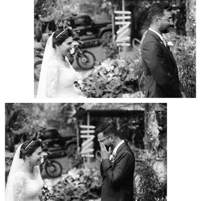 The moment of anticipation and reveal. This two-photo sequence shows the groom's emotional reaction as he sees his bride for the first time, a memory that is truly priceless.