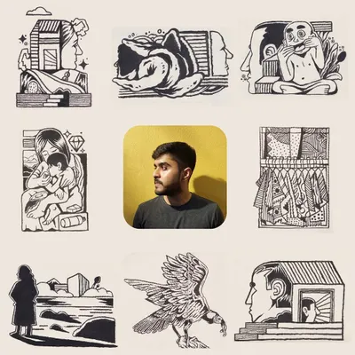 This is my 'Art vs Artist' for 2024. It shows me alongside some of my favorite ink drawings from the year. This year was about returning to basics, and though it was challenging, I'm proud of the work I created.