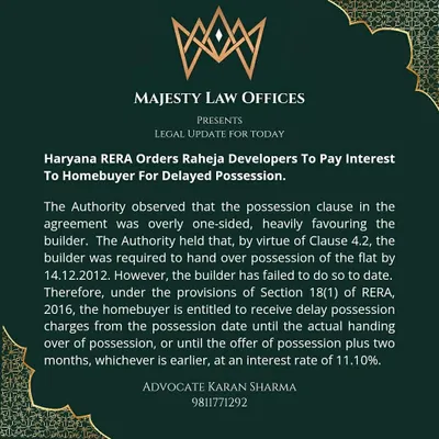 Here is a clear example of how we hold builders accountable. In this case, the Haryana RERA authority ordered a developer to pay 11.10% interest to a homebuyer for delayed possession. If your builder is not delivering on time, the RERA Act gives you the right to claim compensation, and I can help you navigate the process to get what you are owed.