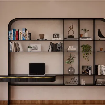 This integrated study unit is designed for a young man's bedroom, providing space for everything he needs. The sleek black desk and bookshelf are built as one cohesive piece, with a textured wall behind it adding depth and character.