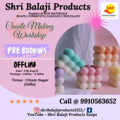 Join my offline candle making workshop in Uttam Nagar, Delhi. This poster gives you a glimpse of the trendy bubble candles we learn to make. Pre-booking is essential as I keep my batches small for personal attention.
