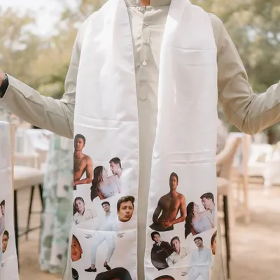 This is personalization at its best. We created custom stoles for the groomsmen featuring a collage of the groom's photos, from baby pictures to gym selfies, for a quirky and unforgettable keepsake.