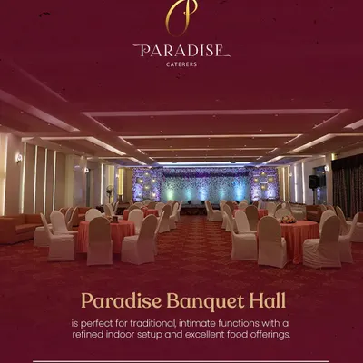 The Paradise Banquet Hall offers a refined indoor setting for your cherished gatherings. This view shows a round table arrangement, perfect for encouraging conversation and creating a close knit feel for your guests.
