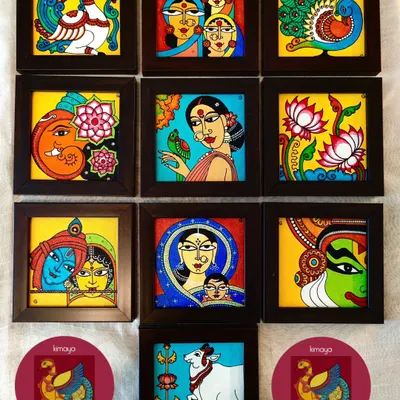 A collection of my 'Mini Beauties', 5x5 inch tabletop paintings perfect for gifts. This set includes a variety of subjects, from Ganesha and Radha Krishna to Pichwai cows and Jamini Roy inspired figures, each one a small treasure.
