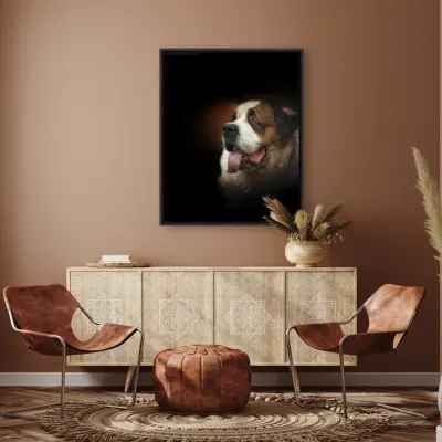 This is how a powerful studio portrait can become a work of art in your home. This mockup shows the Saint Bernard portrait as a large, framed print, making a stunning statement in a modern living space.