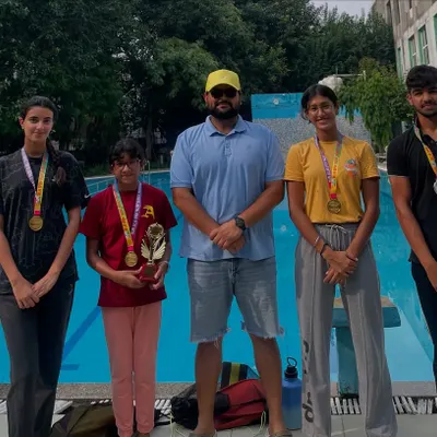 The team after a successful outing at India's Biggest Invitational Swim Meet. We bagged 17 medals and two 'Best Swimmer' trophies, but the happy faces and personal bests were the real prize.