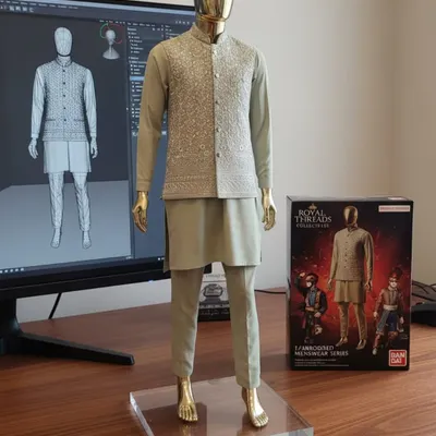 Our design process combines tradition with innovation. Here, a sage green kurta set with an embroidered Nehru jacket is shown next to its digital 3D model, illustrating how we plan every detail before crafting the final piece.