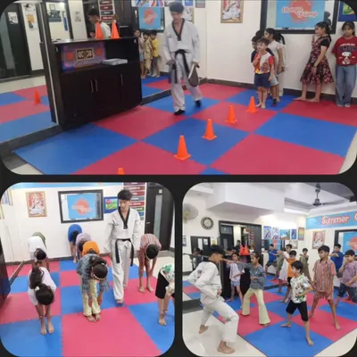 A glimpse into our taekwondo class during summer camp. Students learn discipline by bowing to their instructor, practice agility with cone drills, and develop their stances and kicks in a structured environment.