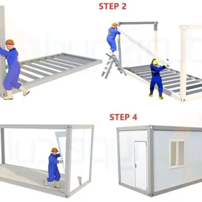 This diagram illustrates the simplicity and efficiency of our 4-step prefab assembly process. We start with the base, erect the frame, add the wall panels, and finish with the roof and fittings.