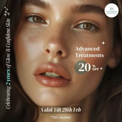 Celebrating 2 years of glow and confident skin. To thank you for being part of our journey, we are offering 20% off on advanced treatments for a limited time. Your glow is our biggest achievement.