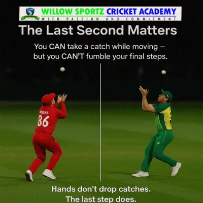 An infographic explaining that dropped catches often happen because of poor footwork in the final steps. We teach that hands don't drop catches, the last step does.