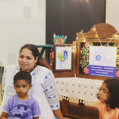 A quiet moment before the 'Nautical Narratives' workshop begins. You can see my Kamishibai stage set up with artwork and props, ready to transport the children to a world of sailors and sea adventures.