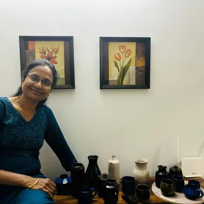 This is Anitha, who started her journey with us full of doubt but has grown into a confident potter. She now has her own small studio space and her beautiful collection of work is an inspiration to us all.