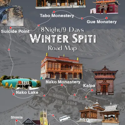 The first part of the road map for my 8-night/9-day Winter Spiti trip. It shows the route from Shimla through Kalpa, Nako, and Tabo, highlighting key stops like Suicide Point and Gue Monastery.