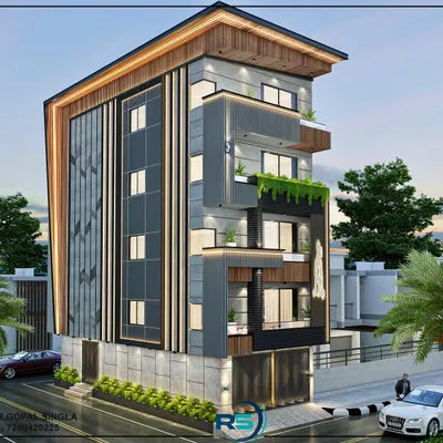This is a 3D elevation design for a private residence in Delhi. The design uses a mix of materials including wood-finish panels, grey textured surfaces, and vertical lighting strips to create a dynamic and modern architectural statement.