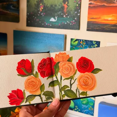 Good things take time. This is a small gouache painting of red and peach roses in my sketchbook, a simple study of colors and petals.