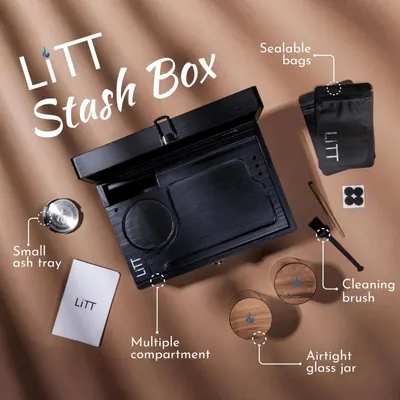 A detailed flat lay for the LIIT Stash Box, clearly annotating each feature like the multiple compartments, airtight glass jar, and sealable bags. This infographic style is highly effective for e-commerce listings and social media marketing, making product benefits immediately clear to the customer.