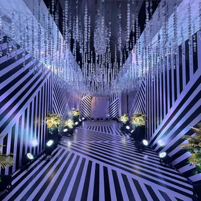 We created this mesmerizing entrance tunnel for a Sangeet night using a bold black-and-white striped pattern. The geometric design and cascading crystal strings make for a dramatic and high-fashion statement.
