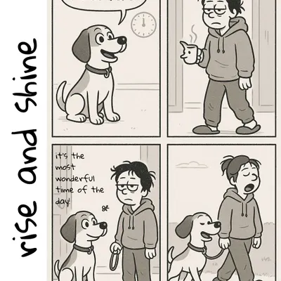 It's walk o'clock, baby! This comic perfectly captures the pre-coffee morning routine of every dog parent, powered by pure doggo enthusiasm.