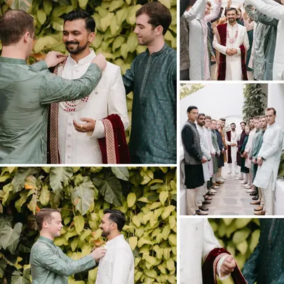 A collage showing the groom getting ready with his groomsmen, capturing moments of friendship and support before the ceremony.