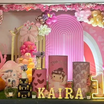 A beautiful enchanted garden theme for Kaira's first birthday, featuring a large teddy bear, mushroom house props, and delicate butterfly details.