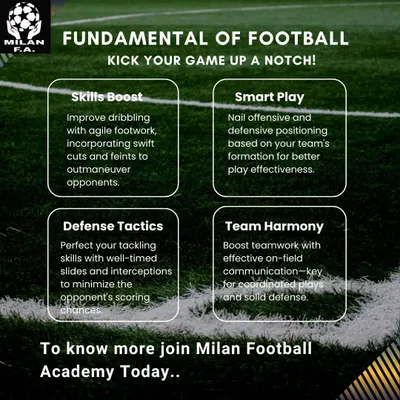 This graphic outlines the four pillars of our training program: skills boost, smart play, defense tactics, and team harmony. We focus on developing well-rounded players who are effective in every aspect of the game.