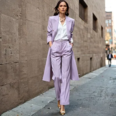 An AI-generated concept of a lavender power suit with a matching longline coat. This 'Soft Power' look explores a more feminine and modern take on traditional formalwear for women.