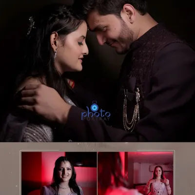 An intimate and romantic couple portrait, perfect for an engagement album. We use low-key lighting to create a moody and personal feel.