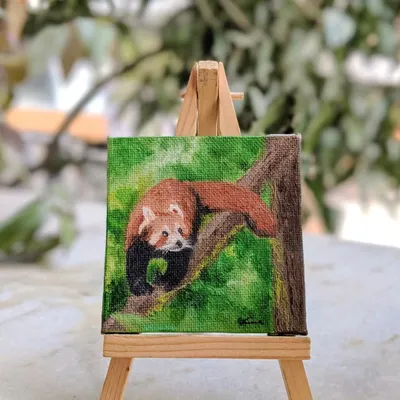 Here is the finished Red Panda portrait on its easel. This 3x3 inch custom animal painting is a great way to remember a special wildlife encounter or to celebrate a beloved pet.