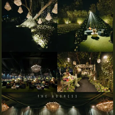 A collage showcasing the enchanting decor of an evening engagement. From chandeliers hanging in trees to elegant tent draping, we capture the details that create a magical and glamorous atmosphere.