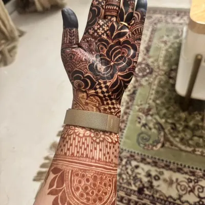 The beautiful dark stain of a fresh henna design after the paste has been on for a few hours. This is the first stage of the color development.