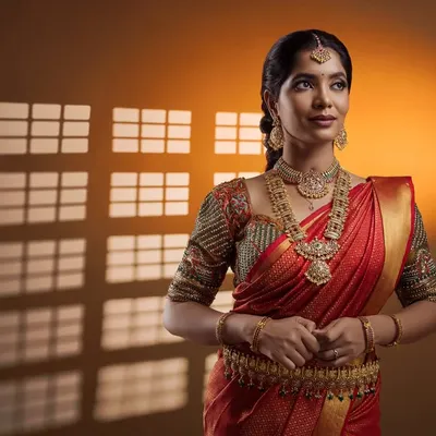 A stunning studio portrait of a bride in a red silk saree. The creative lighting with a window-pane shadow effect adds a touch of artistic flair to this classic bridal shot.