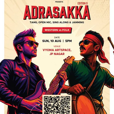 The electrifying poster for "Adrasakka - Edition 5," a Tamil open mic and jamming session where Kuthu folk energy clashes with Western beats.