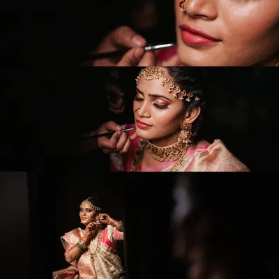 A collage of the bride's getting ready moments. I use dramatic lighting to create artistic and intimate portraits that focus on the final touches.
