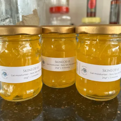 My SkinLOEve gel moisturizer, made with homegrown aloe vera. These jars are filled with 250g of pure, hydrating goodness for your face, lips, and any dry patches.
