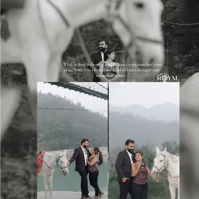 A collage featuring a couple with a white horse by the river, creating a beautiful and romantic fairytale scene.