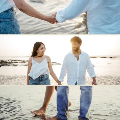 This collage focuses on the small, meaningful details of a beach pre-wedding shoot. From the simple act of holding hands to walking barefoot in the water, these candid couple photos capture the quiet intimacy and connection shared during a beautiful sunset.