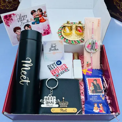 A fully loaded Rakhi hamper for the 'Best Bhai'. This box includes a personalized water bottle, wallet, and keychain, along with a custom photo chocolate, perfume, and a beautiful rakhi.