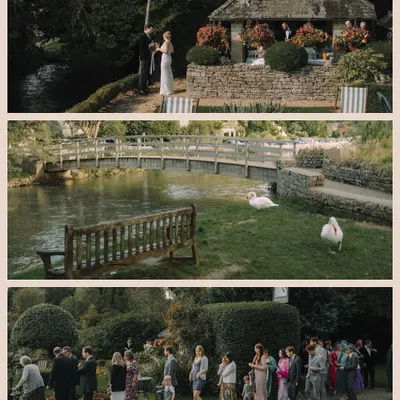 A collage capturing the idyllic scenery of a countryside wedding in Bibury, UK. From the charming stone bridge to the swans on the river, it perfectly sets the scene for a fairytale celebration.