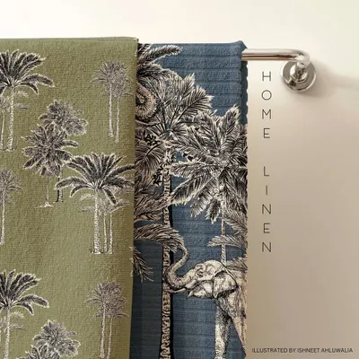 My 'Trunk Tropica' design printed on home linens. The detailed, monochrome illustration of elephants among palm trees adds a sophisticated yet natural feel, perfect for creating a tranquil atmosphere in your home.