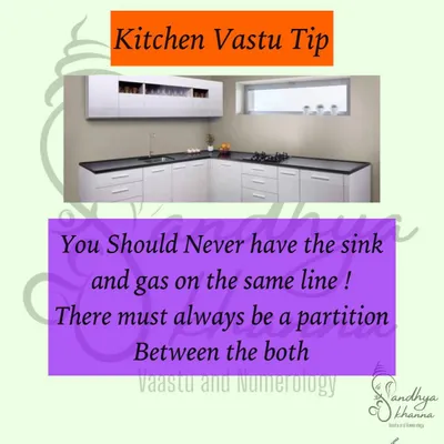 This is a critical kitchen Vastu tip. Never have the gas stove (fire element) and the sink (water element) on the same line or platform without a partition. This clash can create conflict and financial instability in the home.