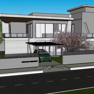A 3D concept model for an upcoming farmhouse project in Dehradun. The design features a contemporary aesthetic with sharp, angular lines, large glass windows to capture scenic views, and a cantilevered roof over the carport, creating a modern retreat in a natural setting.