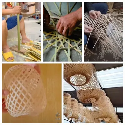 This collage provides a behind-the-scenes look at our crafting process. From splitting raw bamboo stalks to the intricate hand-weaving by our skilled artisans, each step is a testament to the dedication and tradition that goes into every one of our finished lighting pieces.