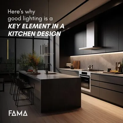 Here is why good lighting is a key element in kitchen design. In this kitchen, a combination of recessed lights, under-cabinet LEDs, and pendant lights over the island creates layers of light for function and ambiance.