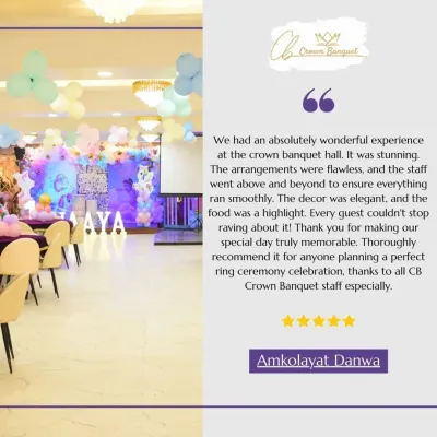 We are thrilled to receive such a glowing review about a ring ceremony held at our hall. The feedback on our stunning decor, flawless arrangements, and delicious food motivates us to make every event truly memorable.