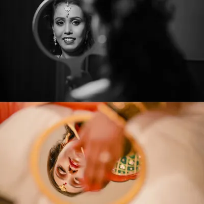 A creative diptych of the bride looking into a hand mirror, one shot in black and white and the other in warm color, capturing her reflective moments.